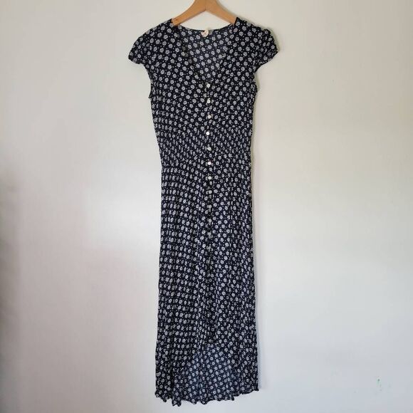 Bebop Navy Floral Button Front Midi Dress Women’s Medium Rayon Smocked Waist - Picture 1 of 8